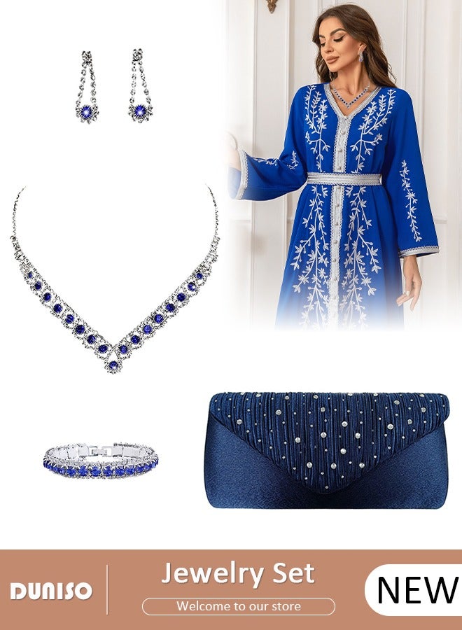 DUNISO 4Pcs Jewelry Set with Clutch Purse, Deluxe Bag for Light Luxury Dinner Party, Bridal Wedding Choker Bracelet, Luxury Necklace Earrings Bracelet, Women Rhinestone Evening Clutch Bag  - Image 1