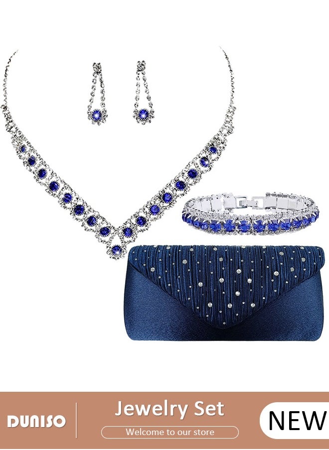 DUNISO 4Pcs Jewelry Set with Clutch Purse, Deluxe Bag for Light Luxury Dinner Party, Bridal Wedding Choker Bracelet, Luxury Necklace Earrings Bracelet, Women Rhinestone Evening Clutch Bag  - Image 1