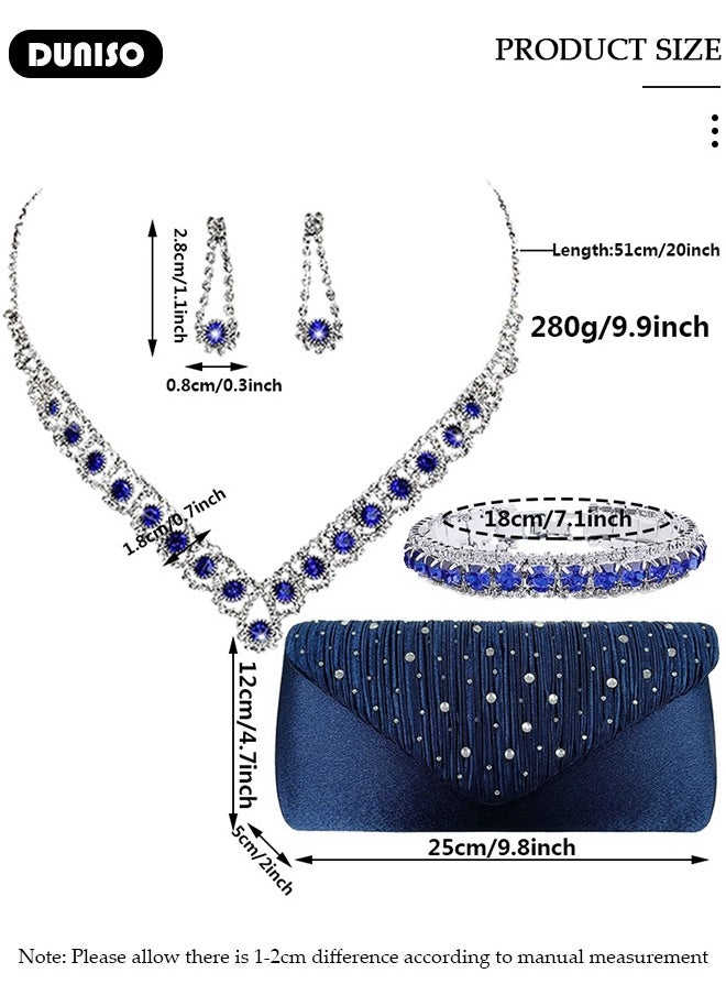 DUNISO 4Pcs Jewelry Set with Clutch Purse, Deluxe Bag for Light Luxury Dinner Party, Bridal Wedding Choker Bracelet, Luxury Necklace Earrings Bracelet, Women Rhinestone Evening Clutch Bag  - Image 4
