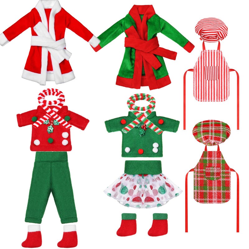 Jenaai 12 Pieces Christmas Elf Clothes Accessories Set Mini Outfit Include Elf Skirt Fluffy Vest Bathrobe Swing Sleeping Bag Scarf Apron Hats SocksCute Style - Image 2