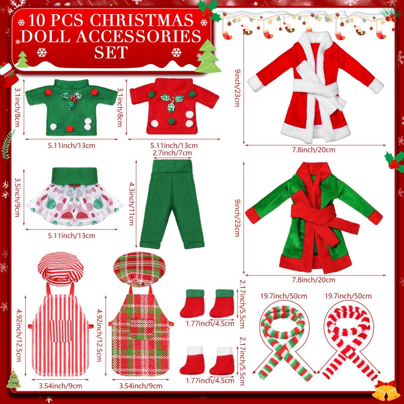 Jenaai 12 Pieces Christmas Elf Clothes Accessories Set Mini Outfit Include Elf Skirt Fluffy Vest Bathrobe Swing Sleeping Bag Scarf Apron Hats SocksCute Style - Image 3
