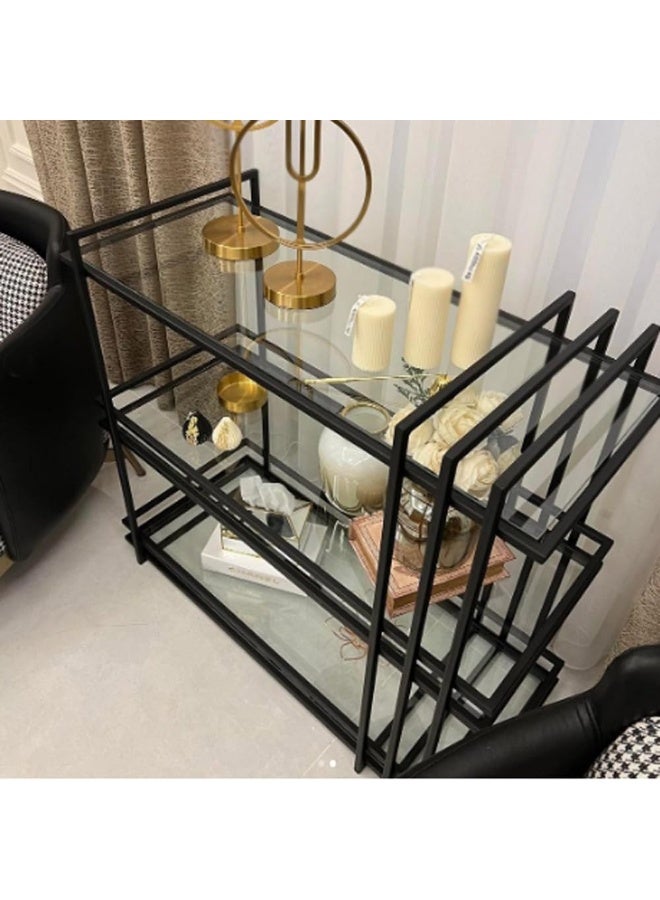 HOME TASTE Premium 3-Tier Bar Cart – Clear Glass Shelves & 1.3cm Thick Metal Frame with Lockable Wheels, Serving Trolley for Home, Kitchen & Hospitality (80x40x90 cm)  - Image 1