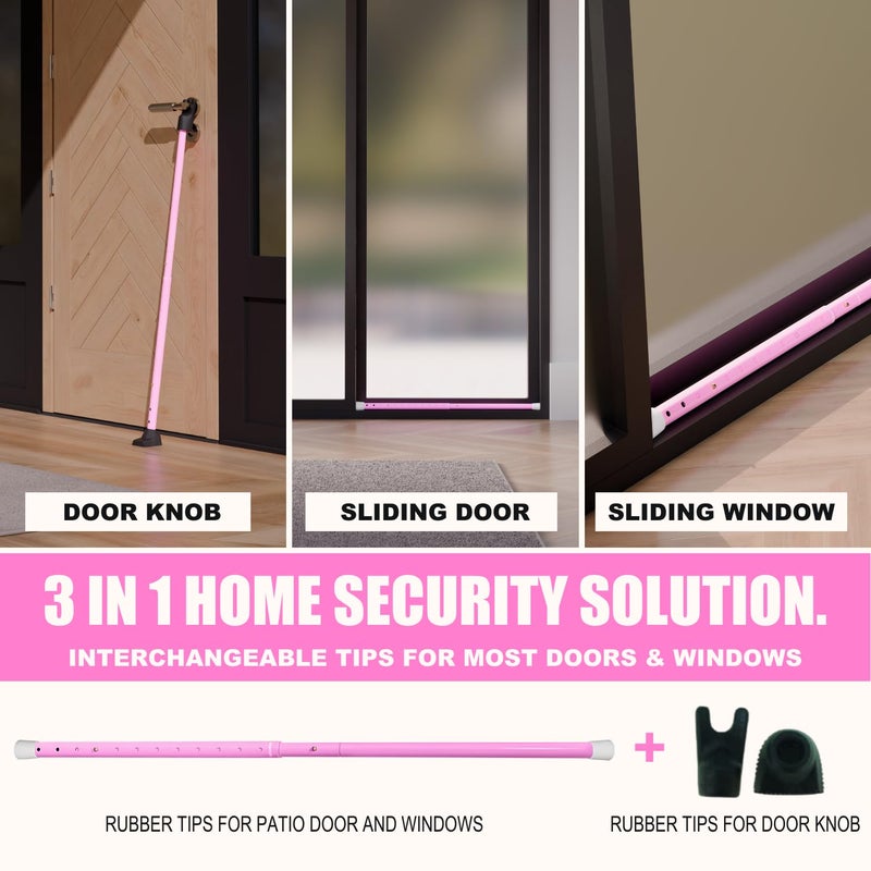 SECURITYMAN 3-in-1 Door Security Bar & Sliding Door Security Bar - Withstands 400lbs of Force - Door Jammer Constructed of High Grade Iron - Pink Door Stoppers - Patio, Window, Hinged Doors - Image 2