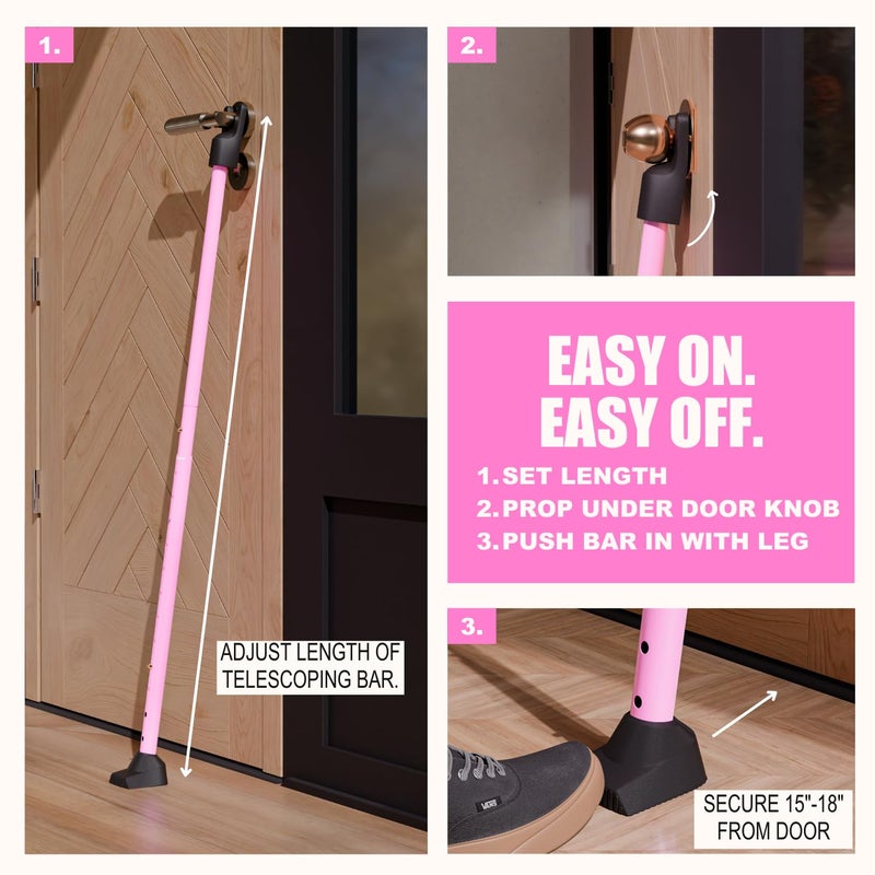 SECURITYMAN 3-in-1 Door Security Bar & Sliding Door Security Bar - Withstands 400lbs of Force - Door Jammer Constructed of High Grade Iron - Pink Door Stoppers - Patio, Window, Hinged Doors - Image 5