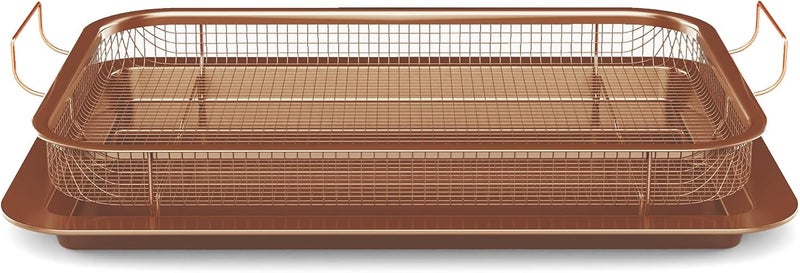 HONGBAKE Air Fryer Basket for Oven, 15.1"x10.6" Nonstick Baking Pan with Air Fry Crisper Tray, 2 Pieces Air Frying Accessories,Wide Edge, Copper - Image 1