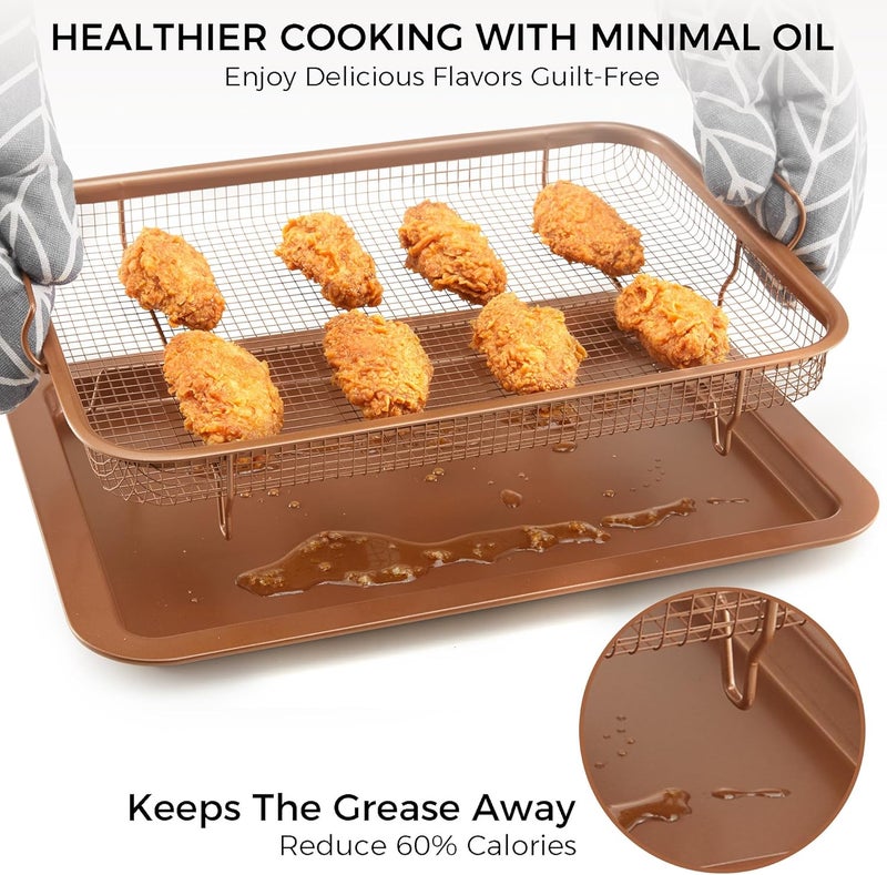 HONGBAKE Air Fryer Basket for Oven, 15.1"x10.6" Nonstick Baking Pan with Air Fry Crisper Tray, 2 Pieces Air Frying Accessories,Wide Edge, Copper - Image 4