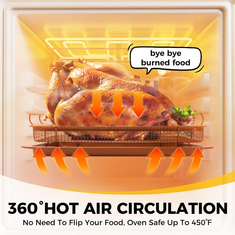 HONGBAKE Air Fryer Basket for Oven, 15.1"x10.6" Nonstick Baking Pan with Air Fry Crisper Tray, 2 Pieces Air Frying Accessories,Wide Edge, Copper - Image 2