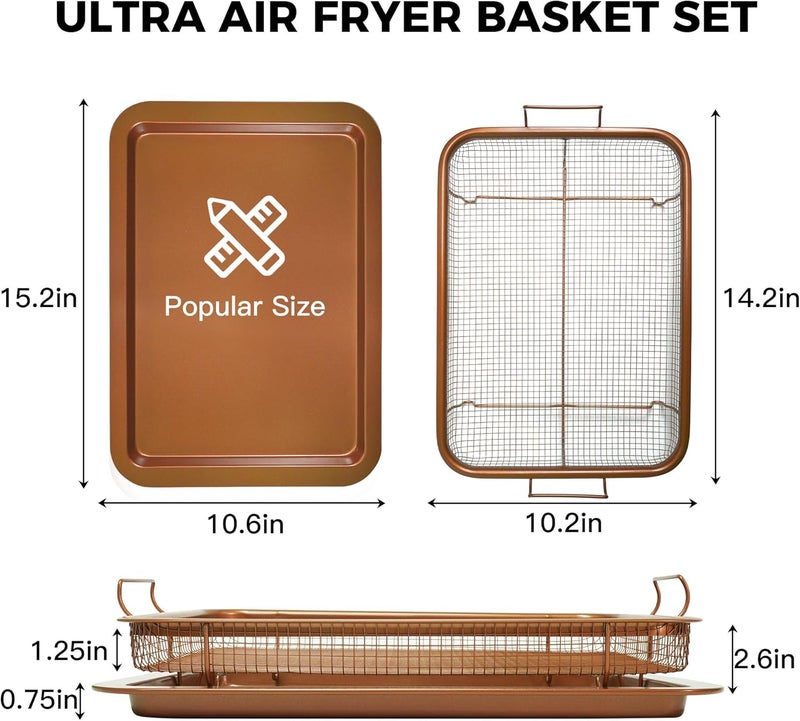 HONGBAKE Air Fryer Basket for Oven, 15.1"x10.6" Nonstick Baking Pan with Air Fry Crisper Tray, 2 Pieces Air Frying Accessories,Wide Edge, Copper - Image 3