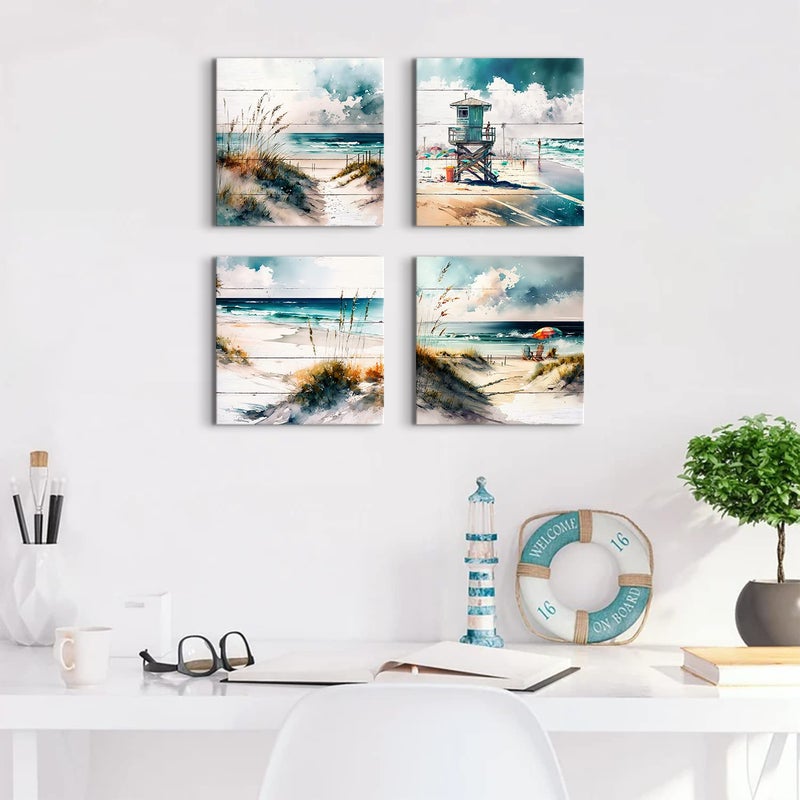 sunfrower Beach Wall Art Teal Blue Beach Scene Painting Wall Decor Bathroom Picture Watercolor Abstract Coastal Seascape Ocean Nature Landscape Canvas Artwork for Bedroom Living Room Home Decoration 12x12" 4Pcs - Image 5