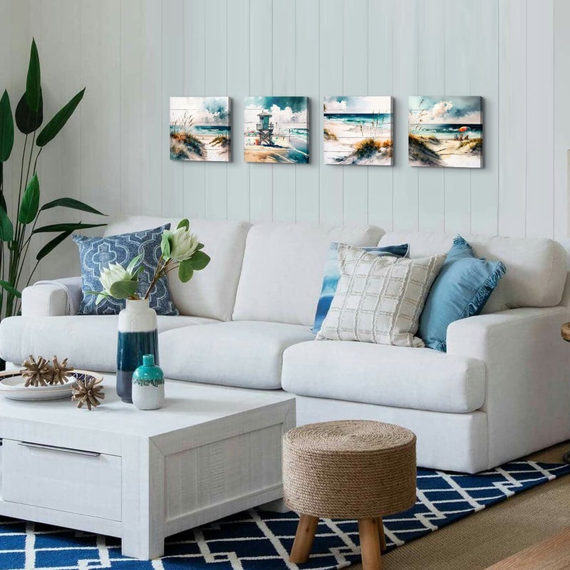 sunfrower Beach Wall Art Teal Blue Beach Scene Painting Wall Decor Bathroom Picture Watercolor Abstract Coastal Seascape Ocean Nature Landscape Canvas Artwork for Bedroom Living Room Home Decoration 12x12" 4Pcs - Image 4