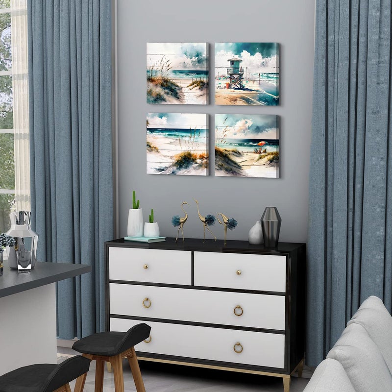 sunfrower Beach Wall Art Teal Blue Beach Scene Painting Wall Decor Bathroom Picture Watercolor Abstract Coastal Seascape Ocean Nature Landscape Canvas Artwork for Bedroom Living Room Home Decoration 12x12" 4Pcs - Image 3