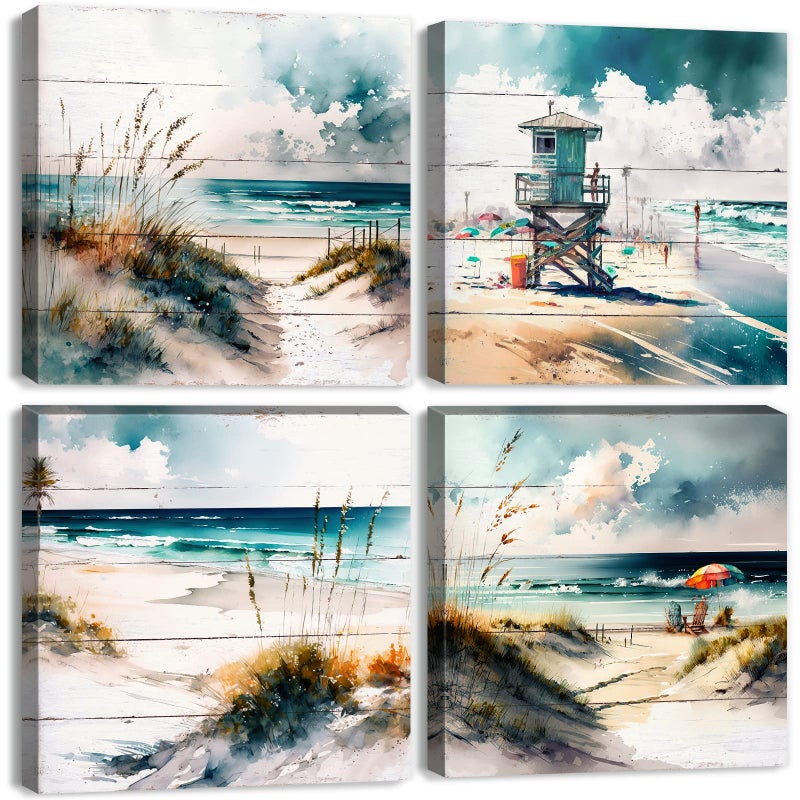 sunfrower Beach Wall Art Teal Blue Beach Scene Painting Wall Decor Bathroom Picture Watercolor Abstract Coastal Seascape Ocean Nature Landscape Canvas Artwork for Bedroom Living Room Home Decoration 12x12" 4Pcs - Image 1