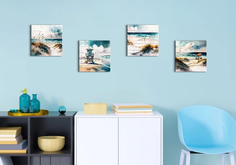 sunfrower Beach Wall Art Teal Blue Beach Scene Painting Wall Decor Bathroom Picture Watercolor Abstract Coastal Seascape Ocean Nature Landscape Canvas Artwork for Bedroom Living Room Home Decoration 12x12" 4Pcs - Image 2