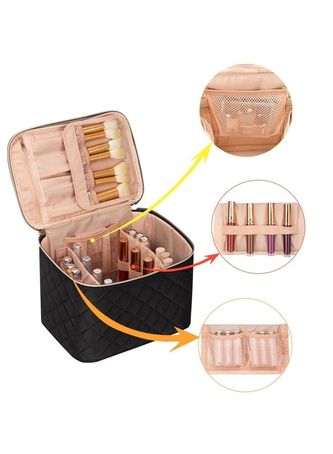 OCHEAL حقيبة مكياج، حقيبة مكياج سفر كبيرة، منظم حقيبة مستحضرات التجميل للنساء، حقيبة مكياج قابلة للغسل، حقيبة منظم مكياج مع فواصل - كبيرة، مقلّمة على شكل ماسة باللون الأسود - Image 3