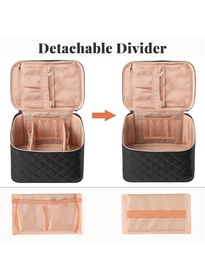 OCHEAL حقيبة مكياج، حقيبة مكياج سفر كبيرة، منظم حقيبة مستحضرات التجميل للنساء، حقيبة مكياج قابلة للغسل، حقيبة منظم مكياج مع فواصل - كبيرة، مقلّمة على شكل ماسة باللون الأسود - Image 2