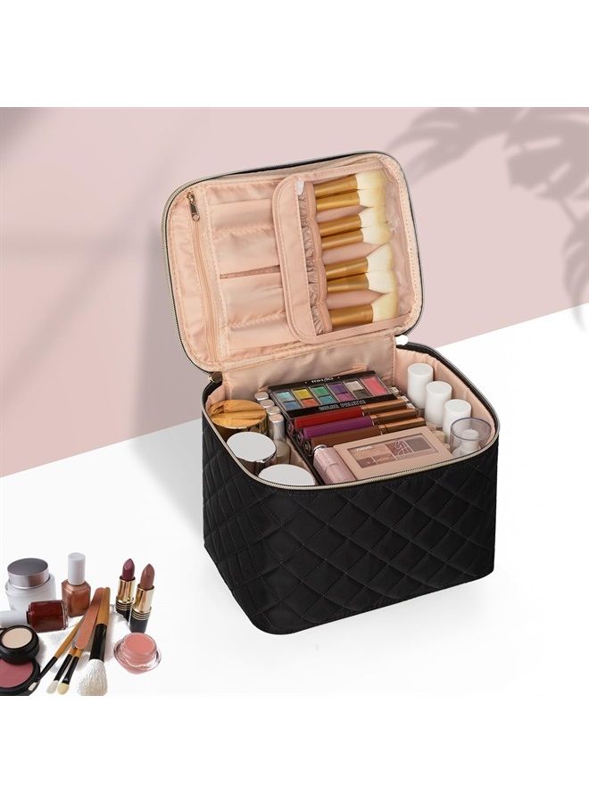 OCHEAL حقيبة مكياج، حقيبة مكياج سفر كبيرة، منظم حقيبة مستحضرات التجميل للنساء، حقيبة مكياج قابلة للغسل، حقيبة منظم مكياج مع فواصل - كبيرة، مقلّمة على شكل ماسة باللون الأسود - Image 5