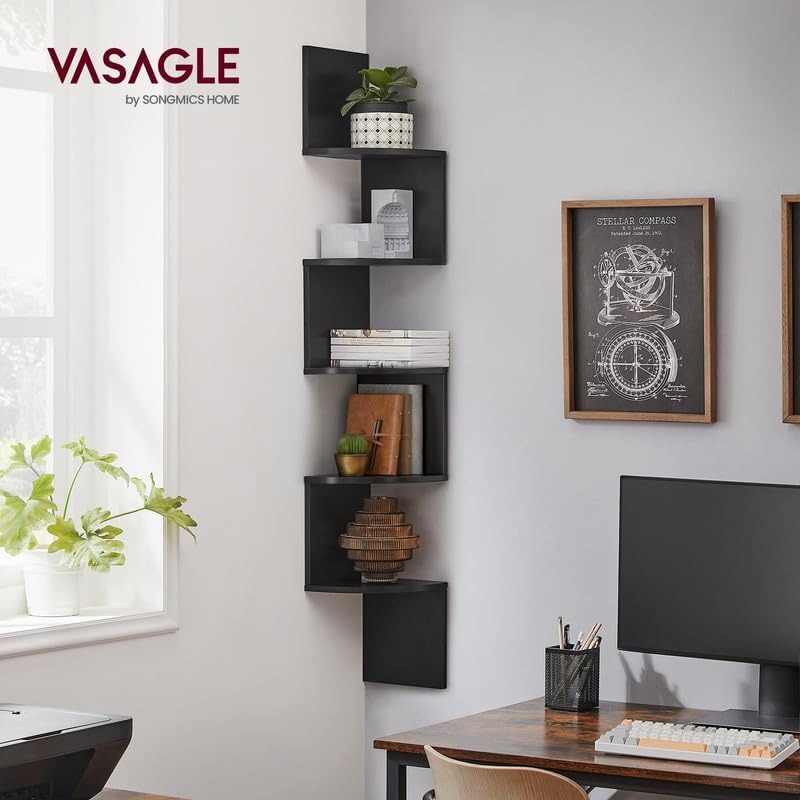 VASAGLE رف زاوية مثبت على الحائط، رف كتب زاوية عائم من 5 طبقات، رف نباتات لغرفة النوم، غرفة المعيشة، الحمام، المكتب المنزلي، أسود حبر - Image 1