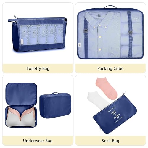 TS WITH TECHSUN 7 Pcs Travel Organizer Pouch Packing Cubes for Clothes Space Savers Bags Cosmetics/Underwear/Socks/Shoes Toiletry Bag Laundry Organiser (Nylon) (Navy Blue) - Image 4
