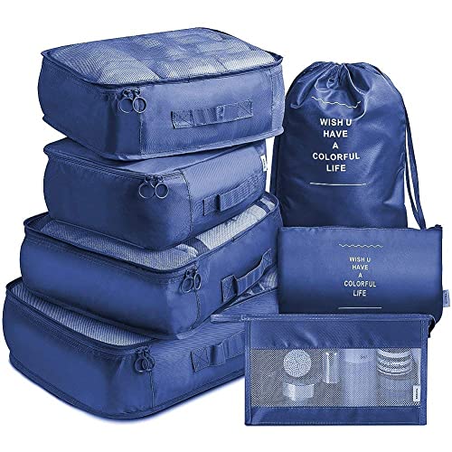 TS WITH TECHSUN 7 Pcs Travel Organizer Pouch Packing Cubes for Clothes Space Savers Bags Cosmetics/Underwear/Socks/Shoes Toiletry Bag Laundry Organiser (Nylon) (Navy Blue) - Image 1