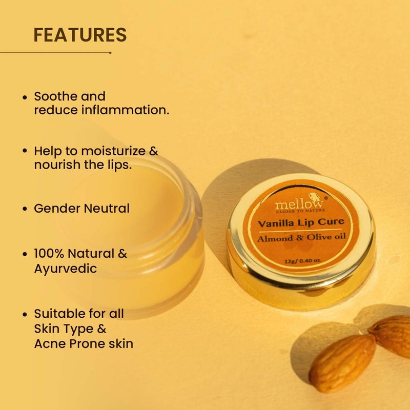 Mellow Herbals Ayurvedic Vanilla Lip Cure Cracked Dry Chapped Lips Care with Almond Oil Jasad Bhasma Deep Moisturization Nourishment Lip Balm for Men Women 12g - Image 4