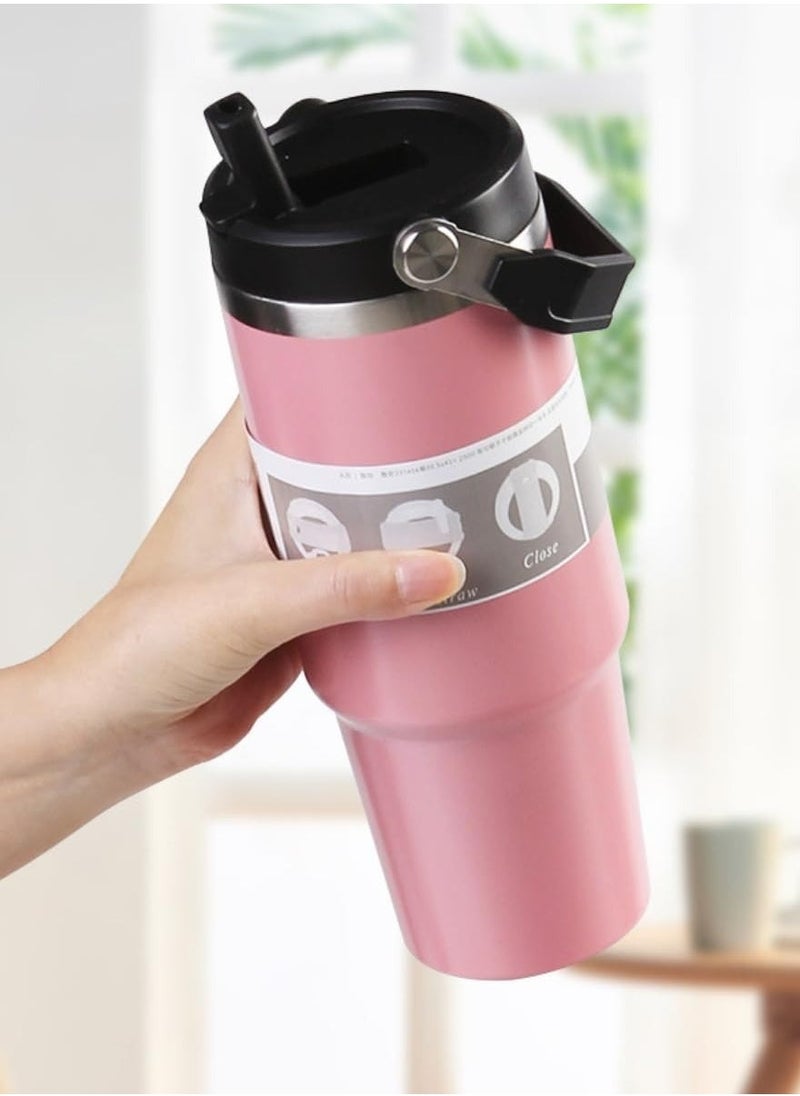 JAJEEK - 900ml Stainless Steel Leak-Proof Travel Tumbler Mug – Double Wall Vacuum Insulated Sipper Bottle with Straw & Lid | Ideal for Car, Office, Travel, Gym | Keeps Drinks Hot & Cold for Hours (Pink) - Image 1