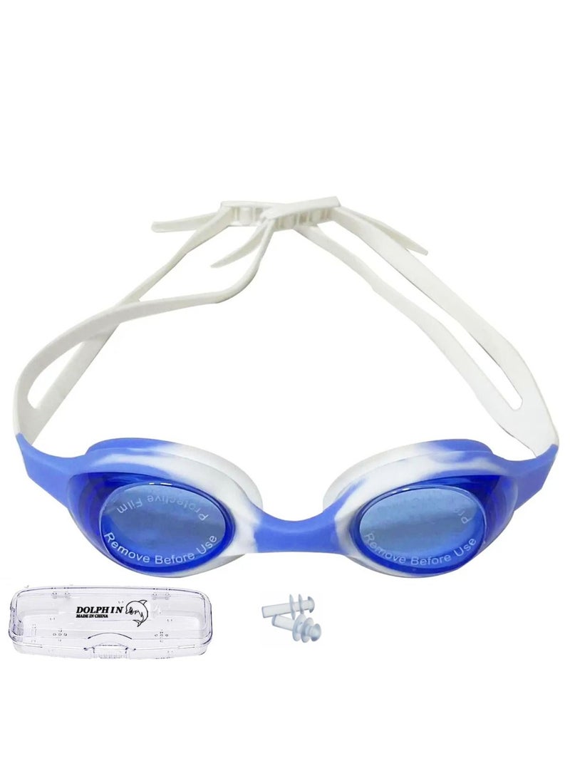 Dolphin G-168 Anti-Fog Kids Swim Goggles With Box & Ear Plugs, Blue/White 