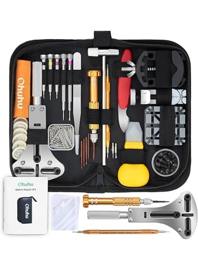 أوهوهو طقم إصلاح الساعات وفتح الغطاء واستبدال البطارية من 174 قطعة، مجموعة أدوات صيانة احترافية لإصلاح الساعات مع أداة إزالة المينا والظهر، مزودة بشنطة حمل ودليل استخدام للمحترفين والهواة - Image 1