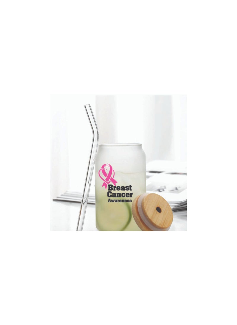 PRINTSHOP4ME - Pink Cancer Awareness Reusable Glass Bottle with Straw and Bamboo Lid 455 ml - Eco-Friendly and Stylish Drinking Bottle - Perfect for Pink Cancer Awareness - Image 1