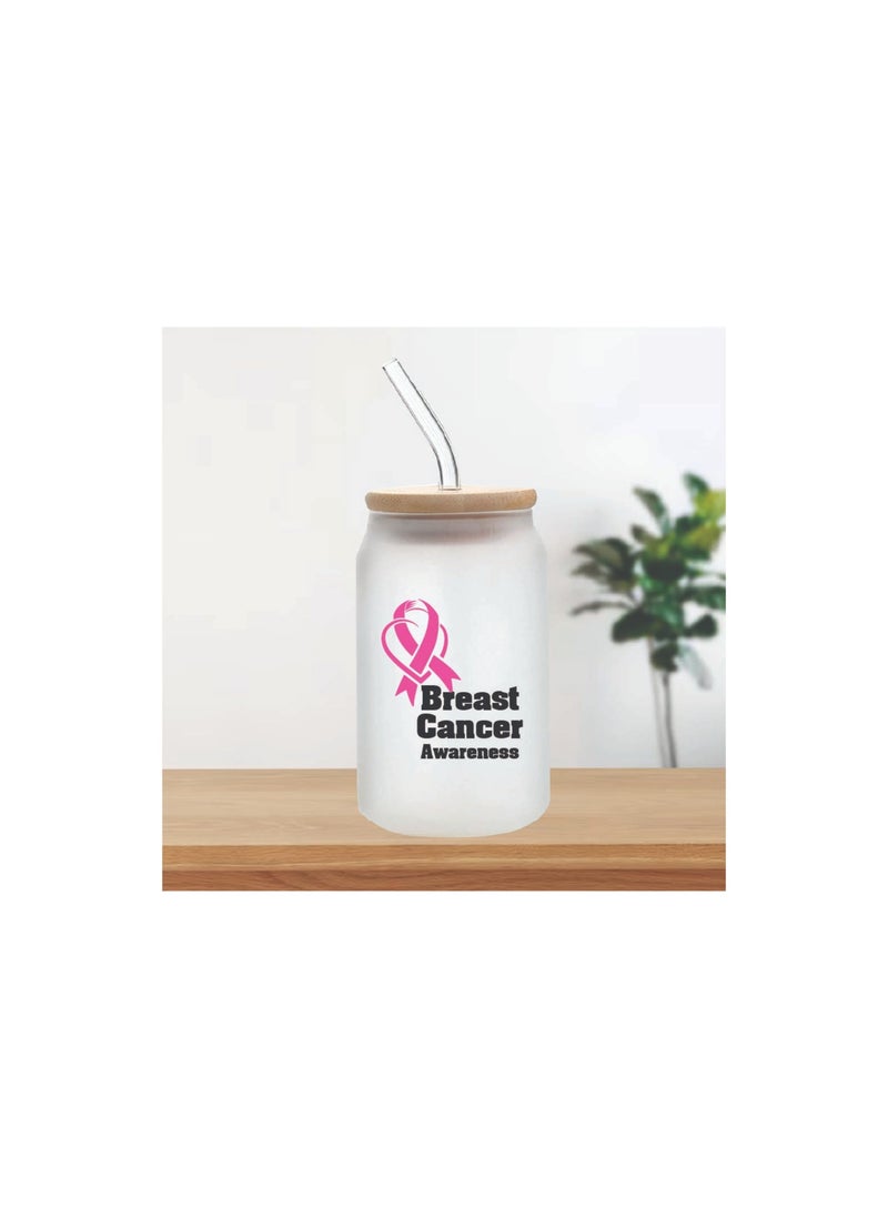 PRINTSHOP4ME - Pink Cancer Awareness Reusable Glass Bottle with Straw and Bamboo Lid 455 ml - Eco-Friendly and Stylish Drinking Bottle - Perfect for Pink Cancer Awareness - Image 1