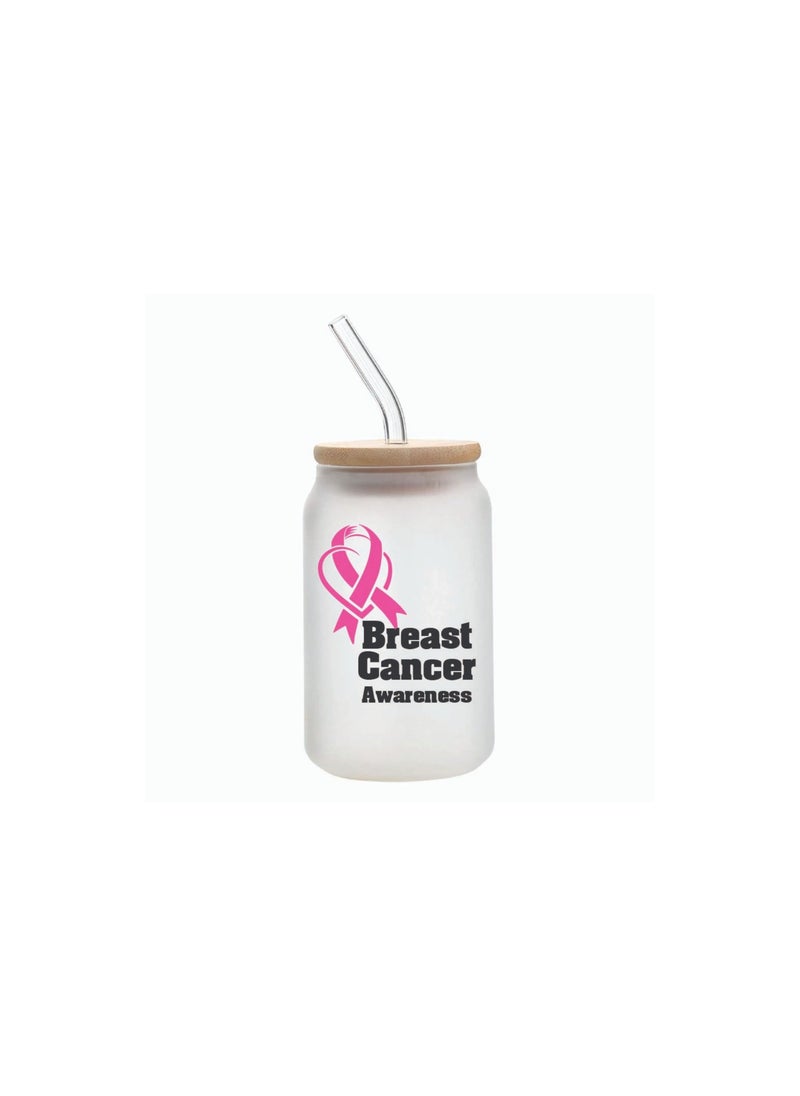 PRINTSHOP4ME - Pink Cancer Awareness Reusable Glass Bottle with Straw and Bamboo Lid 455 ml - Eco-Friendly and Stylish Drinking Bottle - Perfect for Pink Cancer Awareness - Image 1