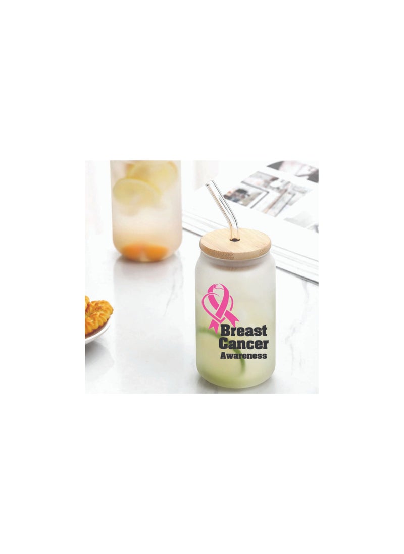 PRINTSHOP4ME - Pink Cancer Awareness Reusable Glass Bottle with Straw and Bamboo Lid 455 ml - Eco-Friendly and Stylish Drinking Bottle - Perfect for Pink Cancer Awareness - Image 1