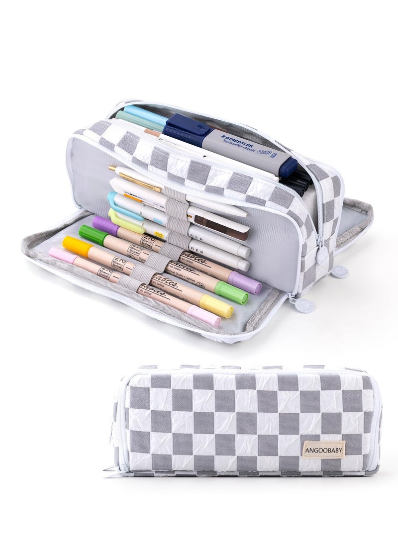 Generic Spacious Checkered Pencil Case with 3 Compartments, Portable Canvas Pouch for Kids and Teens, Ideal for School Supplies in Grey  - Image 1