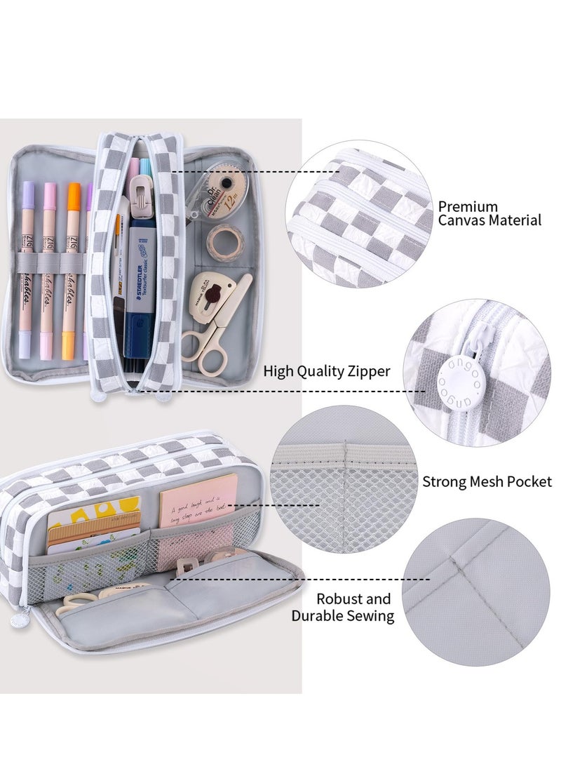 Generic Spacious Checkered Pencil Case with 3 Compartments, Portable Canvas Pouch for Kids and Teens, Ideal for School Supplies in Grey  - Image 2