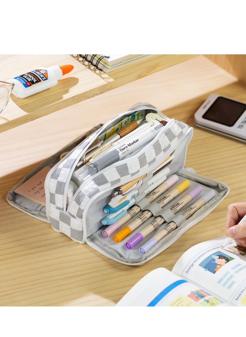 Generic Spacious Checkered Pencil Case with 3 Compartments, Portable Canvas Pouch for Kids and Teens, Ideal for School Supplies in Grey  - Image 4
