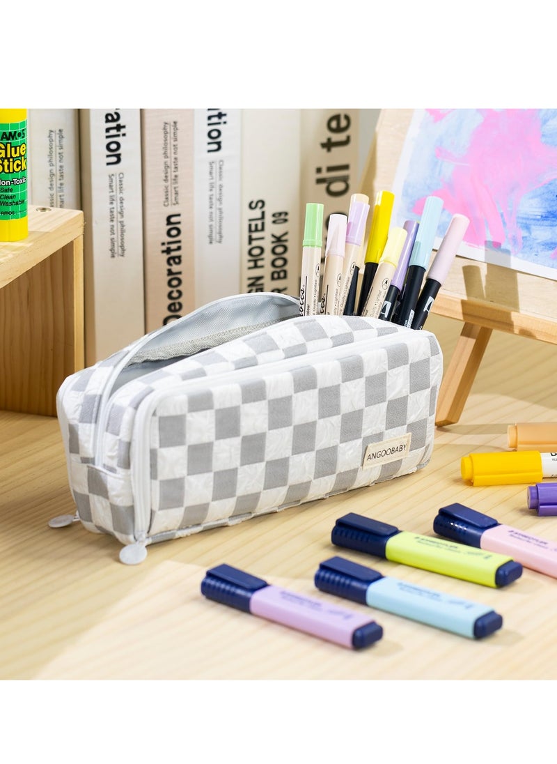 Generic Spacious Checkered Pencil Case with 3 Compartments, Portable Canvas Pouch for Kids and Teens, Ideal for School Supplies in Grey  - Image 5