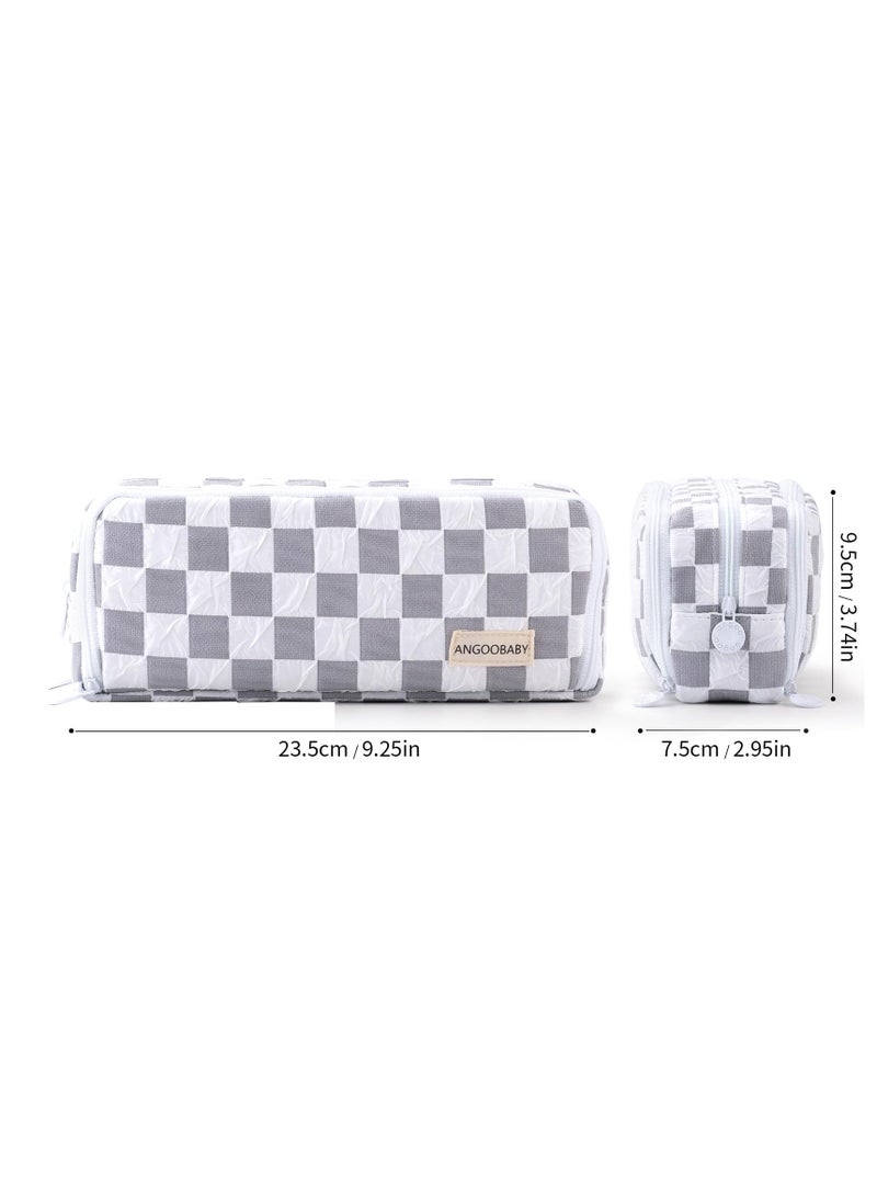 Generic Spacious Checkered Pencil Case with 3 Compartments, Portable Canvas Pouch for Kids and Teens, Ideal for School Supplies in Grey  - Image 3