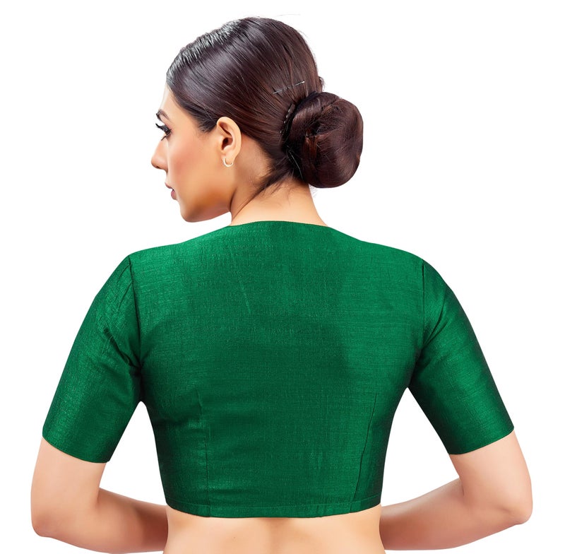 Studio Shringaar Womens Basic Polyester Short Sleeves Textured Plain Coloured Art Silk Saree Blouse (Green, 34) - Image 2