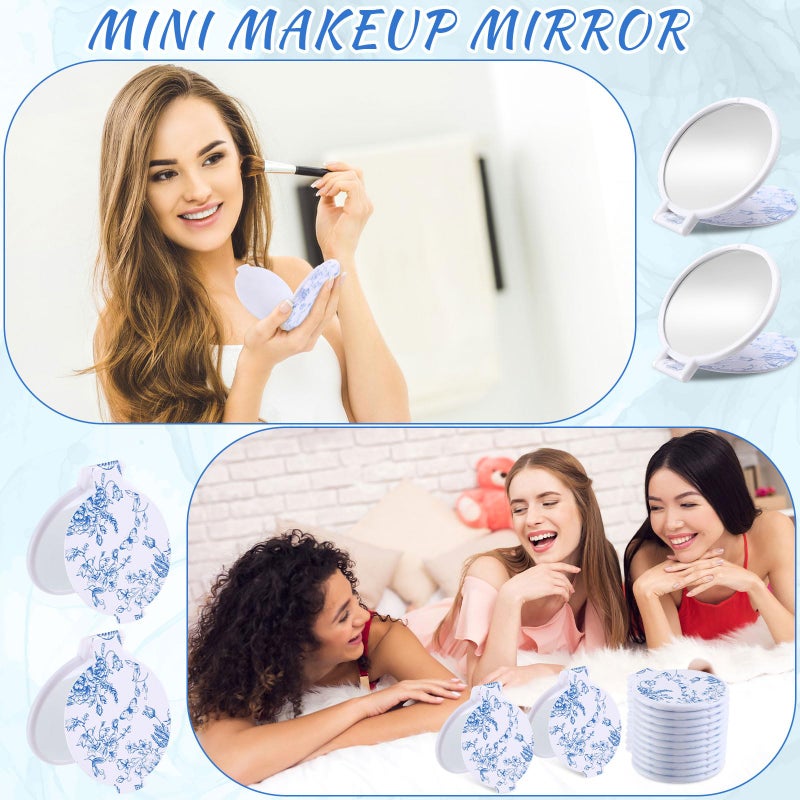 Quzzil 12 Pcs Floral Small Compact Mirrors Bulk for Women Mini Pocket Mirrors Purse Travel Makeup Portable Folding Glass Gift for Wedding Guest Bridal Shower Birthday Party Favor (Blue) - Image 5