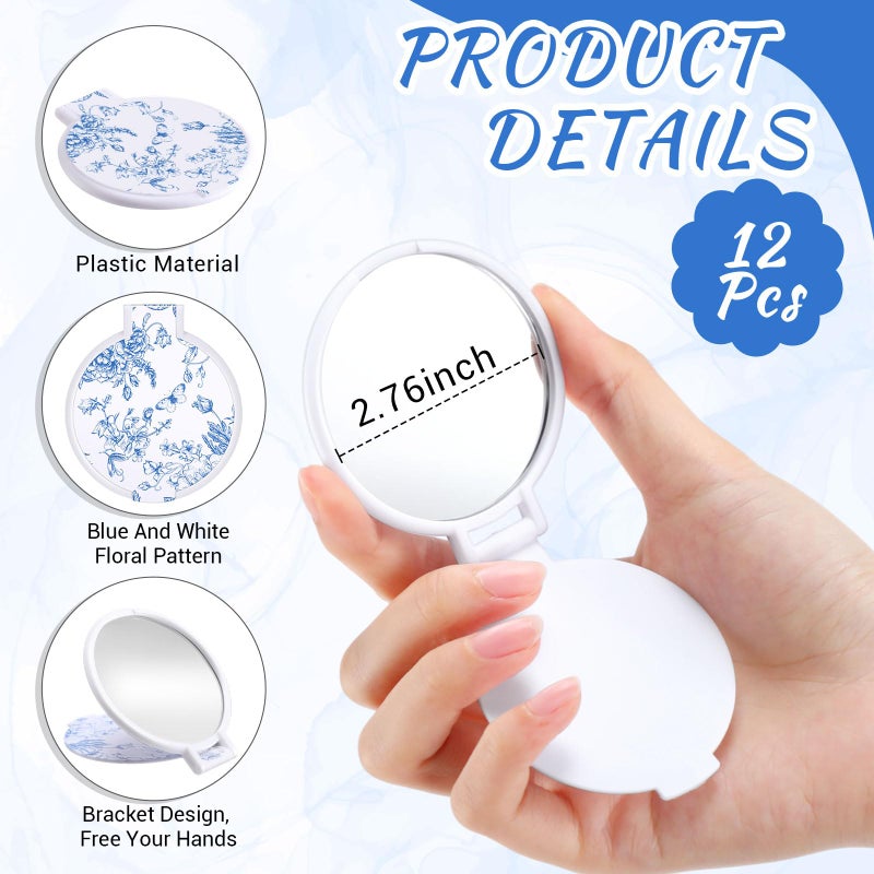 Quzzil 12 Pcs Floral Small Compact Mirrors Bulk for Women Mini Pocket Mirrors Purse Travel Makeup Portable Folding Glass Gift for Wedding Guest Bridal Shower Birthday Party Favor (Blue) - Image 2