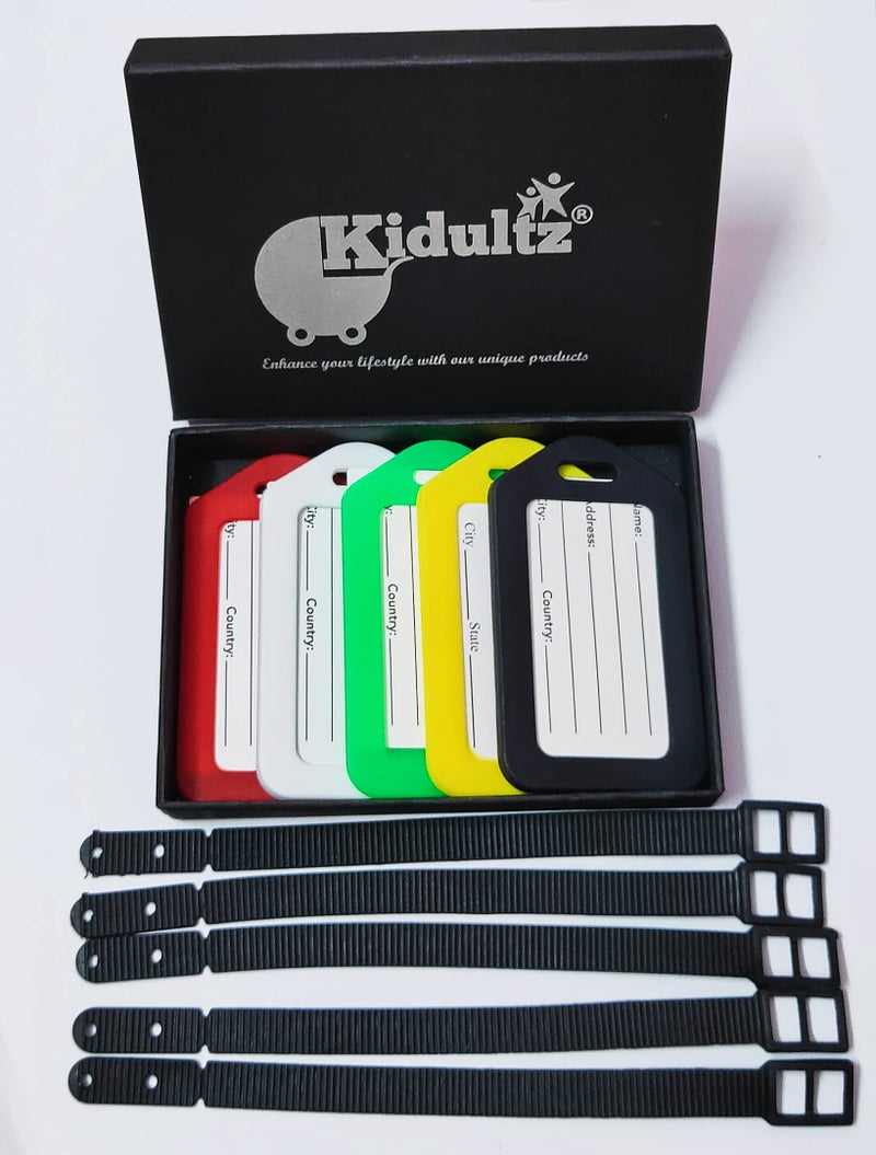 Kidultz Luggage Tags with Premium Strap for Travel suitcases, School Bags, etc..for Easily Identification of Bags (Pack of 5) (Multicolour) - Image 1