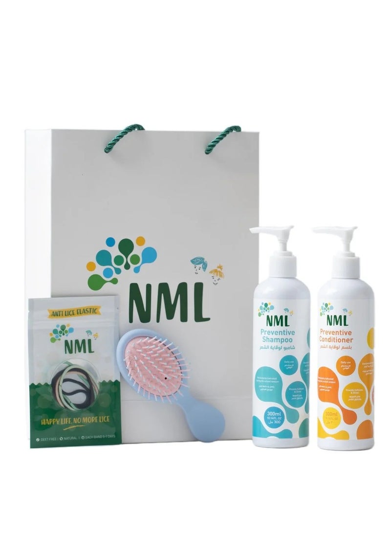 NML NML Gold Combo Lice Prevention Kit – Shampoo 300ml, Conditioner 300ml, Detangling Brush & Elastic Bands  - Image 1