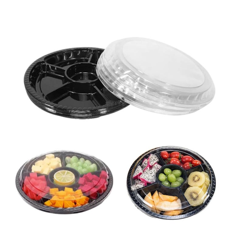 Black Plastic Appetizer Trays with Lids Travel Round Disposable Compartment Serving Platters6 Sectional Catering Trays for Vegetable Salad Food for Fruit Veggie Snack Food Containers 12 Pack