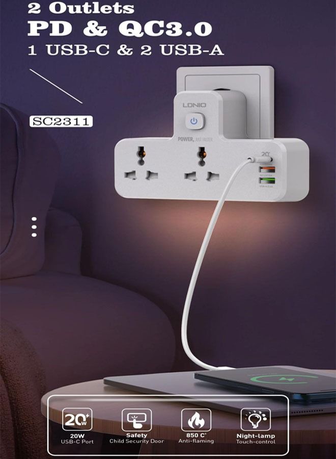 LDNIO SC2311 20W 3-Port USB Charger Extension Strip with 2 * Socket 1 * 20W USB-C PD توصيل الطاقة / 1 * 18W USB QC3.0 / 1 * USB-A Wall Charger Adapter Fast Charger - Image 2