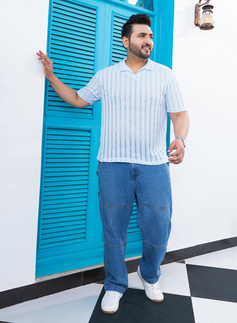 Instafab Plus Instafab Plus Men's Baby Blue Duo-Striped Relaxed Polo T-Shirt For Casual Wear | Polo Neck | Short Cuffed Sleeves | Pull On Closure | Plus Size T-Shirt Crafted With Comfort Fit For Everyday Wear - Image 5