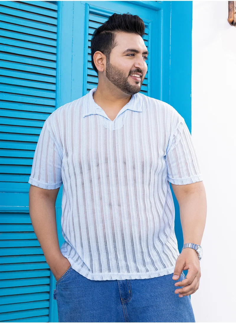 انستافاب بلس Instafab Plus Men's Baby Blue Duo-Striped Relaxed Polo T-Shirt For Casual Wear | Polo Neck | Short Cuffed Sleeves | Pull On Closure | Plus Size T-Shirt Crafted With Comfort Fit For Everyday Wear