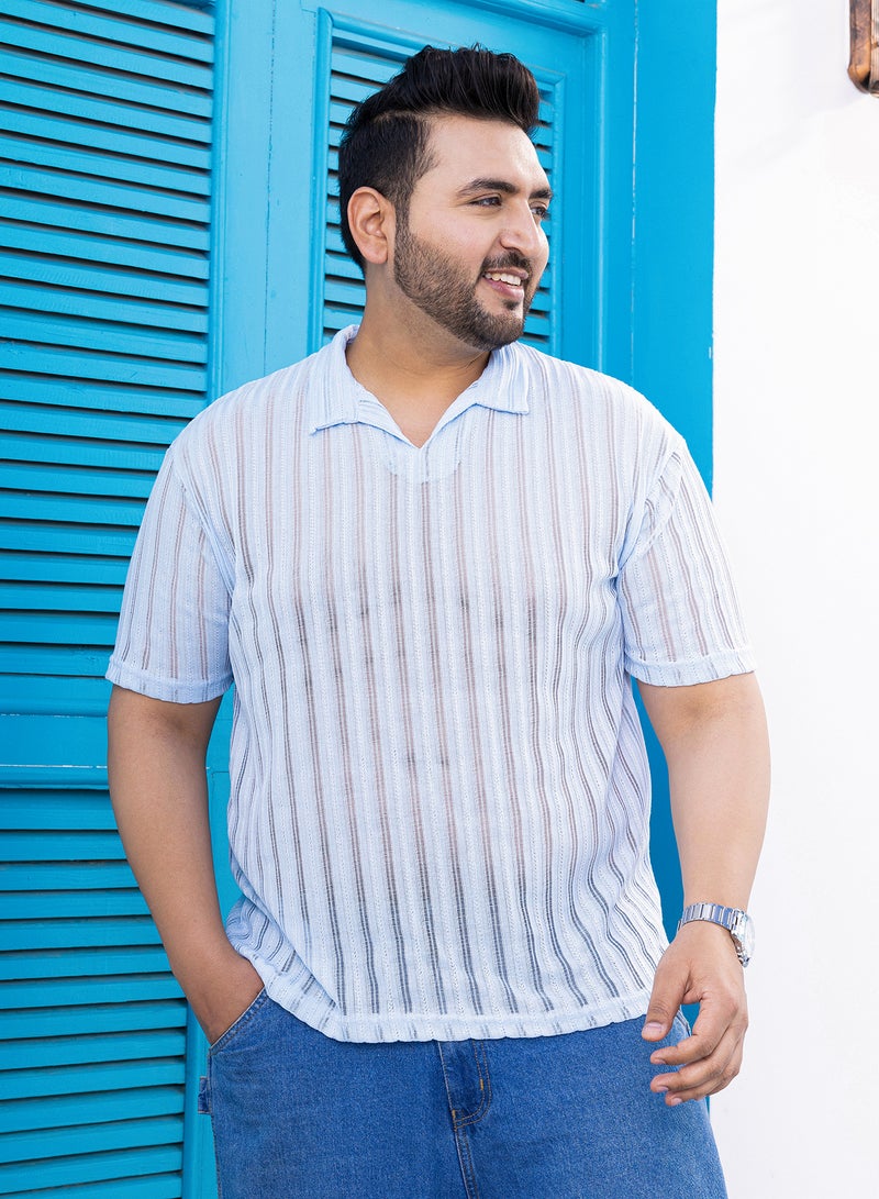 Instafab Plus Instafab Plus Men's Baby Blue Duo-Striped Relaxed Polo T-Shirt For Casual Wear | Polo Neck | Short Cuffed Sleeves | Pull On Closure | Plus Size T-Shirt Crafted With Comfort Fit For Everyday Wear - Image 2