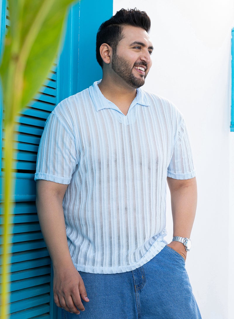 Instafab Plus Instafab Plus Men's Baby Blue Duo-Striped Relaxed Polo T-Shirt For Casual Wear | Polo Neck | Short Cuffed Sleeves | Pull On Closure | Plus Size T-Shirt Crafted With Comfort Fit For Everyday Wear - Image 3