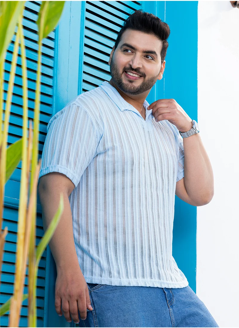 انستافاب بلس Instafab Plus Men's Baby Blue Duo-Striped Relaxed Polo T-Shirt For Casual Wear | Polo Neck | Short Cuffed Sleeves | Pull On Closure | Plus Size T-Shirt Crafted With Comfort Fit For Everyday Wear