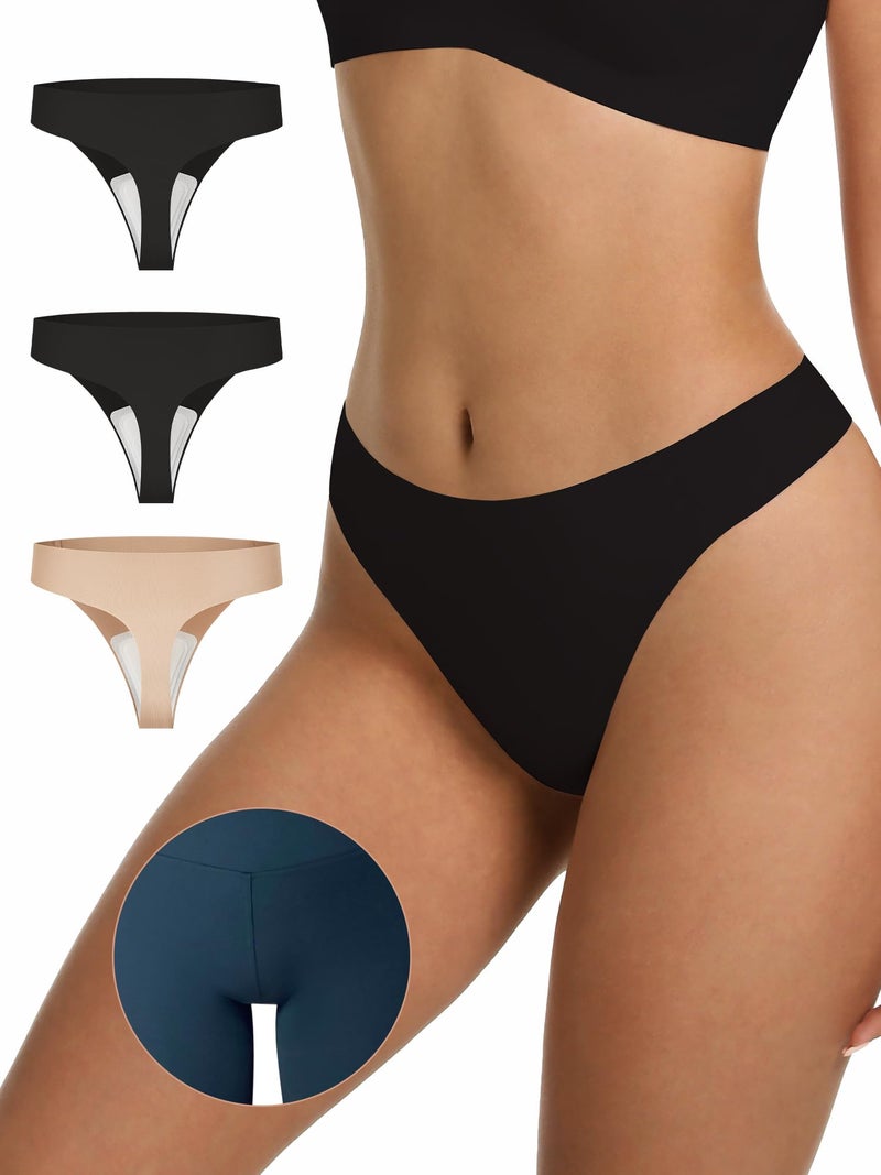 LUCKMEEY Cotton Thongs for Women Seamless Thongs for Women No Show Thong Panty Liners Workout G-String Thongs Underwear 3P-2P Black+1P Oatmilk Skin Medium - Image 1