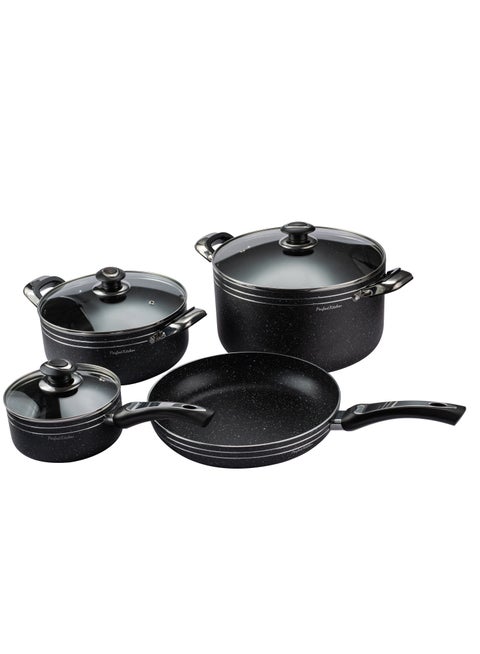 7 pieces Perfect Cooking Set Aluminum Pots Coated With Granite Non-Stick
Black With Glass Lids